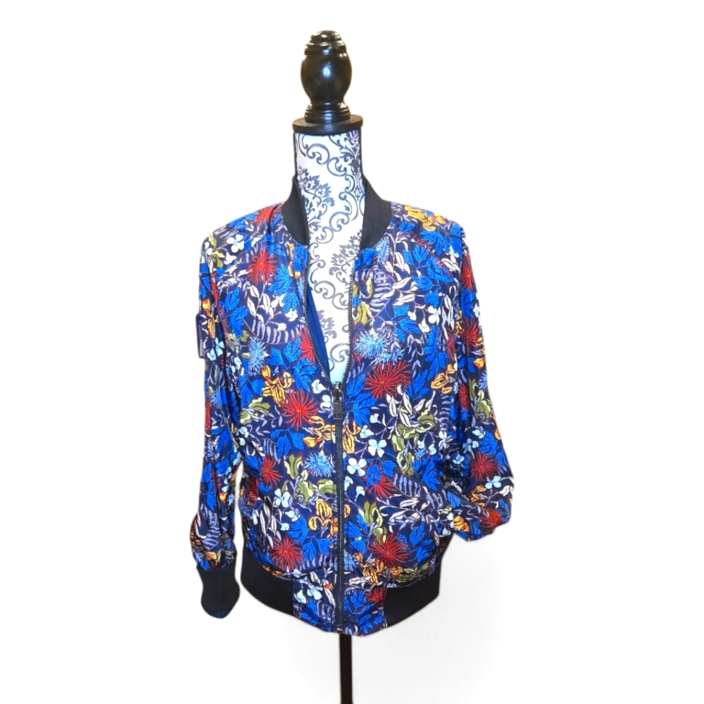 H&M Bright Floral Reversible To Navy Track Jacket With Pockets  Size Small